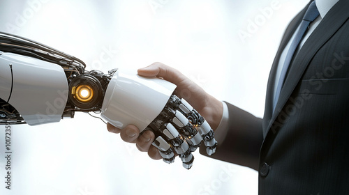 futuristic robot AI shaking hands with a businessman, isolated, neutral, white background