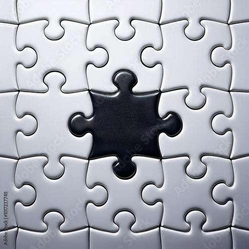 Jigsaw puzzle with solid white pieces and one black in the center symbolizing yin and yang