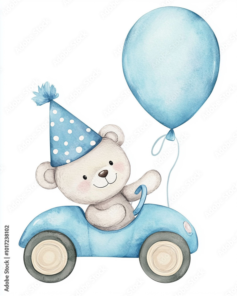 Fototapeta premium Watercolor teddy bear with polka dots light steel blue