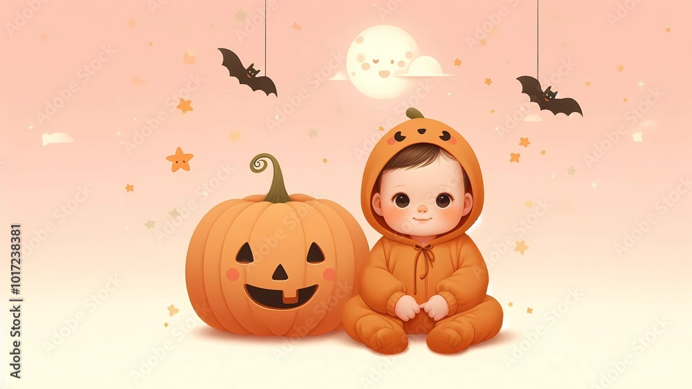 Fototapeta premium Adorable Baby in Pumpkin Costume with Jack-O-Lantern and Bats