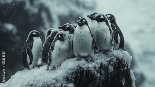 Penguins Huddle Together in Winter Wonderland