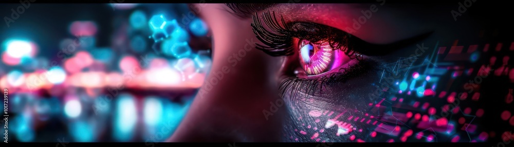 Fototapeta premium Glitch art effects on digital portraits, cyberpunk, neon lights, digital manipulation, distorted