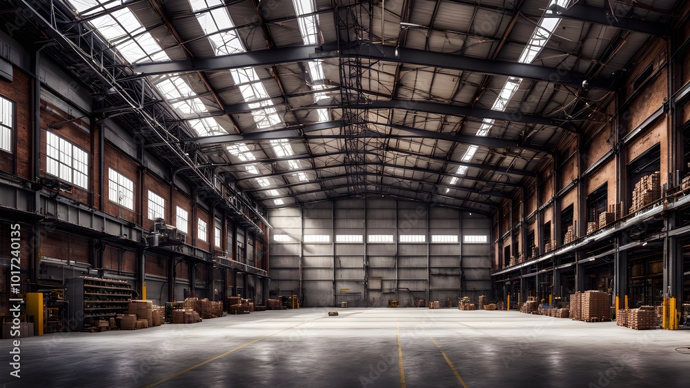 Large empty industrial warehouse with high ceiling and natural light streaming in through windows. Large empty industrial warehouse with high ceiling and natural light streaming in through windows.