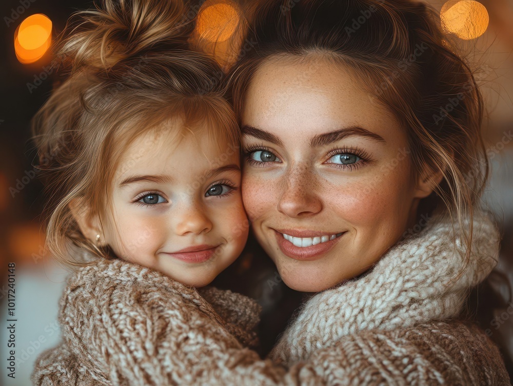 heartwarming portrait of a happy mother and her adorable daughter sharing a warm embrace at home, radiating love and connection, with soft lighting creating a cozy, inviting atmosphere heartwarming portrait of a happy mother and her adorable daughter sharing a warm embrace at home, radiating love and connection, with soft lighting creating a cozy, inviting atmosphere