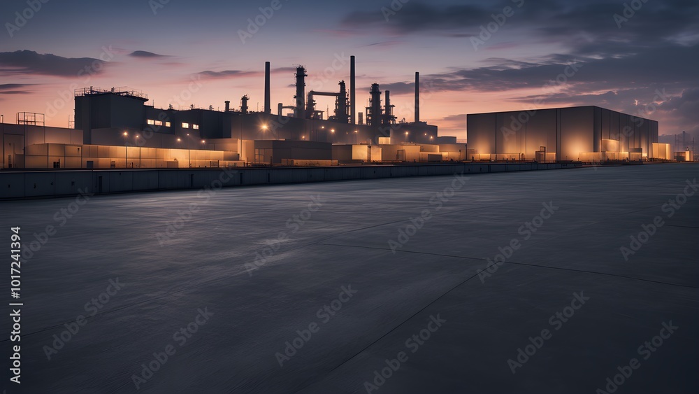 An industrial complex with tall chimneys and structures, illuminated by artificial lights under a twilight sky.