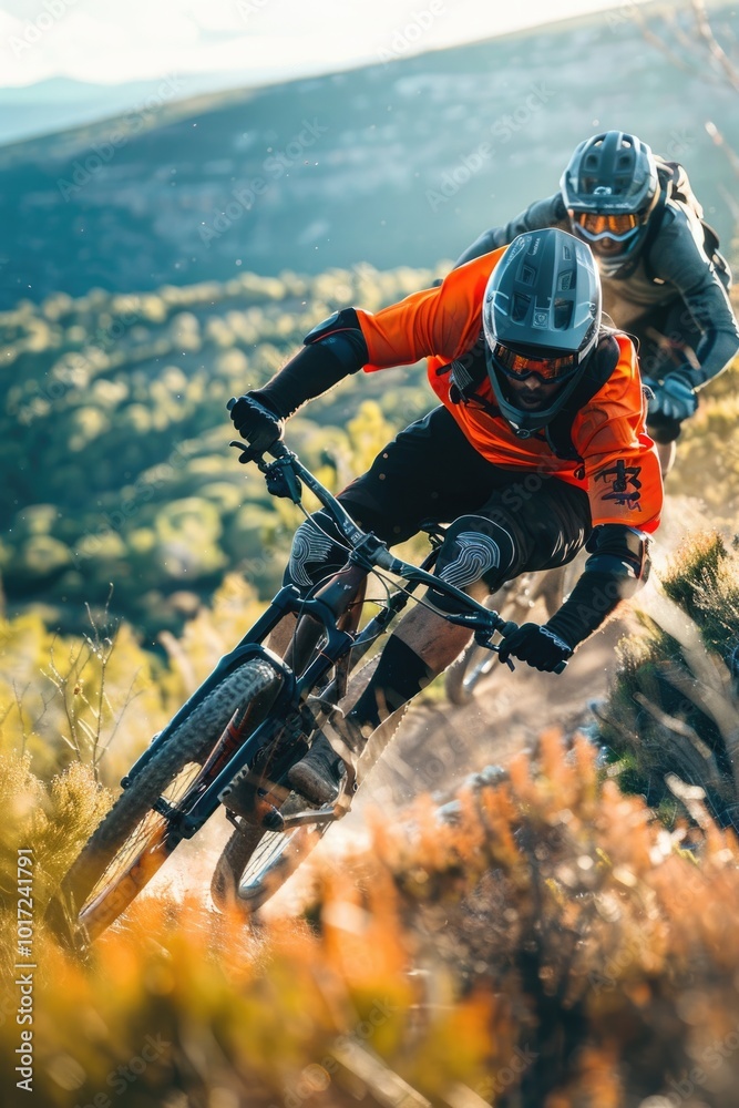 Obraz premium Adrenaline rush - mountain biker, capturing thrill of extreme sport, showcasing motion blur to emphasize speed, excitement, set against a backdrop of natural beauty, perfect for adventure enthusiasts.
