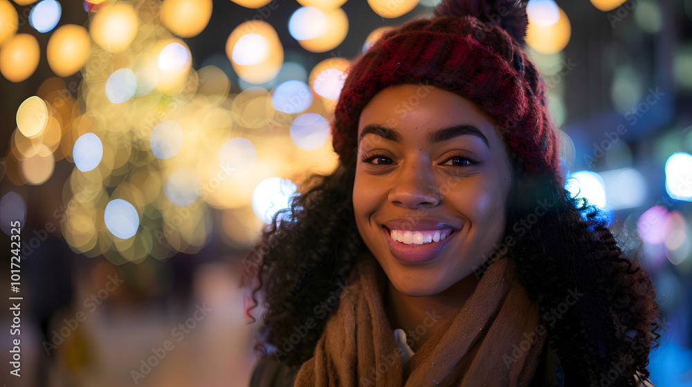 Portrait happy young woman Christmas shopping in city at night Portrait happy young woman Christmas shopping in city at night