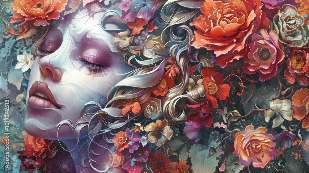 A portrait of a young beautiful woman girl with white skin with a wreath of flowers. Blossom fashion art illustration A portrait of a young beautiful woman girl with white skin with a wreath of flowers. Blossom fashion art illustration
