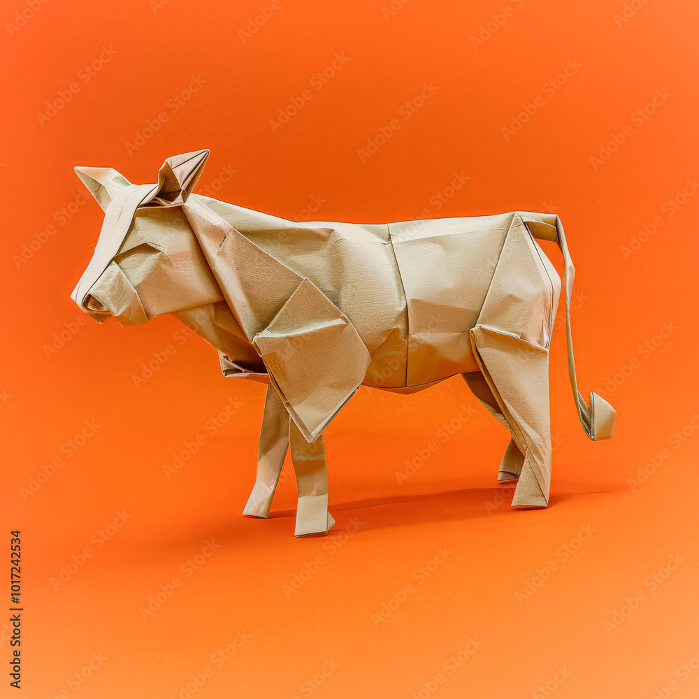 Obraz premium Paper cow is standing on a red background