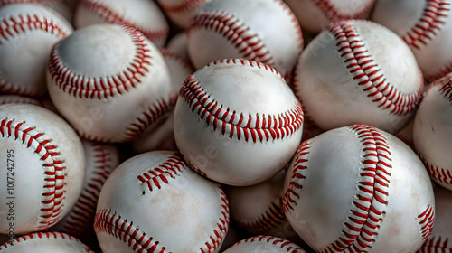 A close-up view of numerous baseballs stacked together.