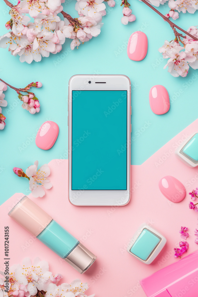 Mockup template with phone and nail art accessories depicting flowers in pink and turquoise tones Mockup template with phone and nail art accessories depicting flowers in pink and turquoise tones