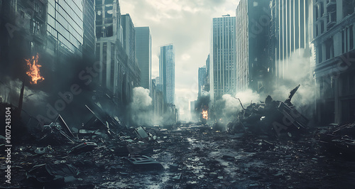 A desolate urban landscape after a catastrophic event, showcasing destruction and chaos.