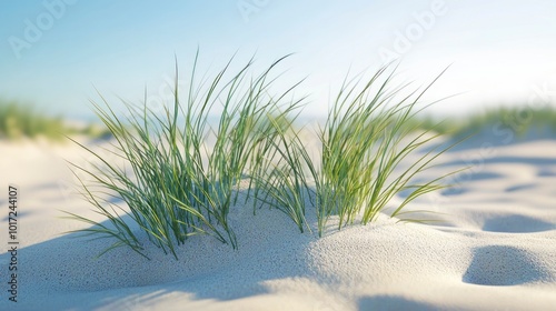 Small grass growing in the sand dunes under a clear sky photo