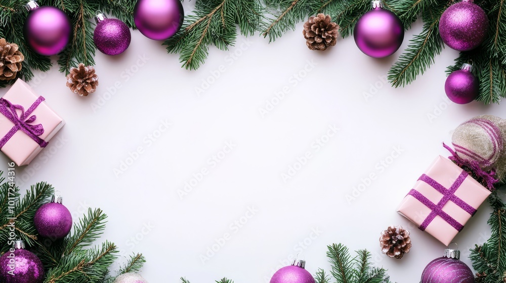Festive flat lay with ornaments, twigs, and a gift box
