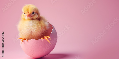 "Adorable Yellow Chick Emerging from Pink Eggshell on Pastel Background", "Newly Hatched Chick Sitting in Colorful Eggshell for Easter Celebration" 