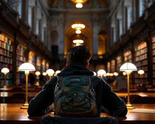 Students studying in libraries, natural light, photography, focused, serene