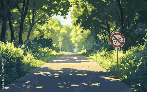 Detailed depiction of a bike path sign on a scenic, treelined path, symbolizing safety in cycling and the connection to nature, vivid and clear photo