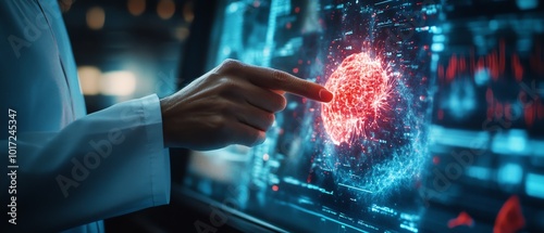 Detailed depiction of a doctor using a 3D holographic scan to analyze a tumor, symbolizing precision in cancer treatment and medical technology, highresolution photo