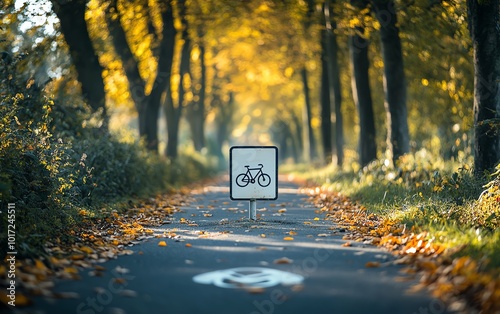 Detailed image of a bike path sign on a picturesque, treelined route, highlighting safe cycling and natural beauty, realistic and vivid photo