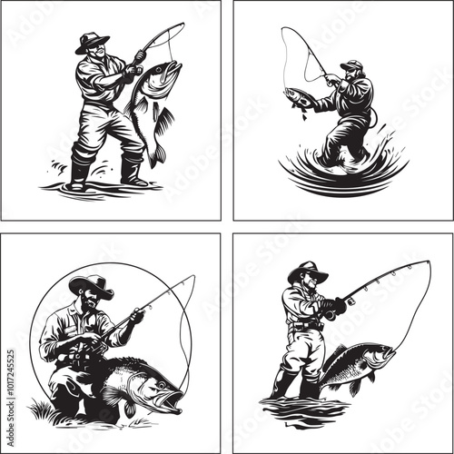 A black and white fishing logotype silhouette design