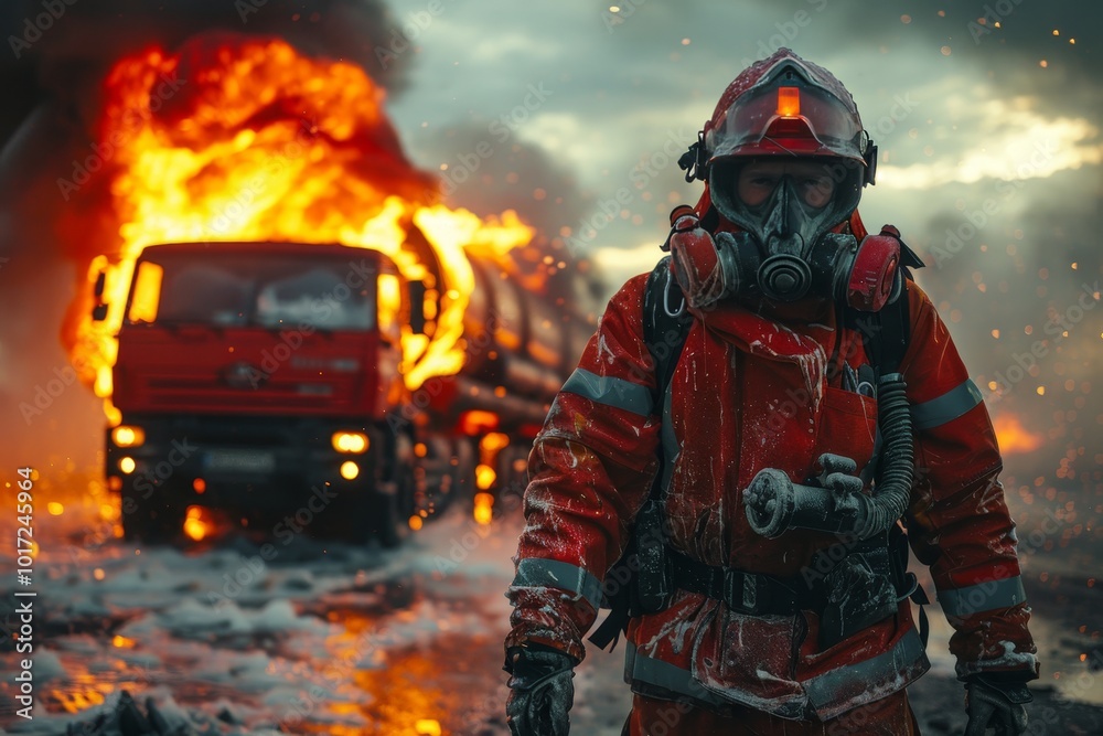 Obraz premium Firefighter using foam extinguisher to combat flames from oil tanker truck accident scene