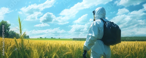 Field inspection by a person in protective gear, highlighting pest control and biocontrol practices on the farm, detailed and realistic photo