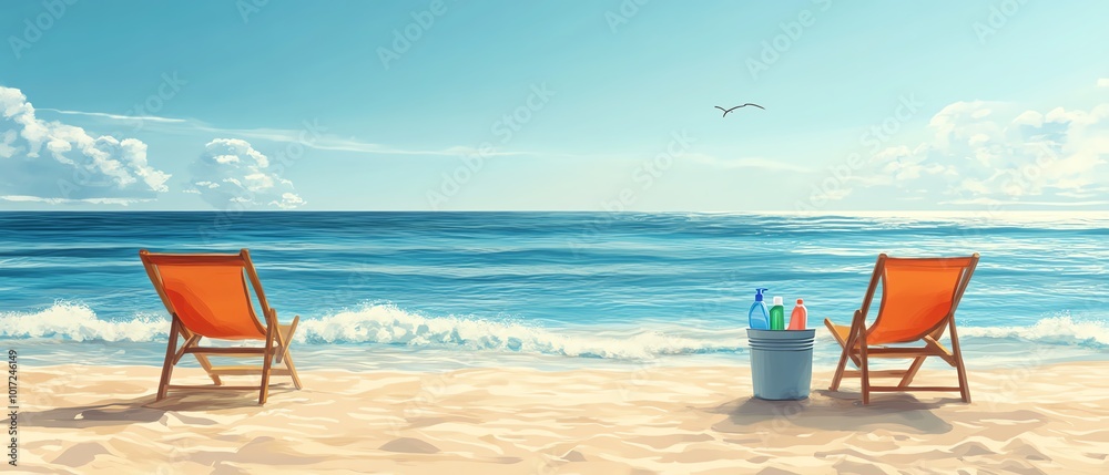 Highresolution illustration of ecofriendly cleaning products in a bucket, with two beach chairs facing a calm sea and clear sky, symbolizing serene seaside relaxation Highresolution illustration of ecofriendly cleaning products in a bucket, with two beach chairs facing a calm sea and clear sky, symbolizing serene seaside relaxation