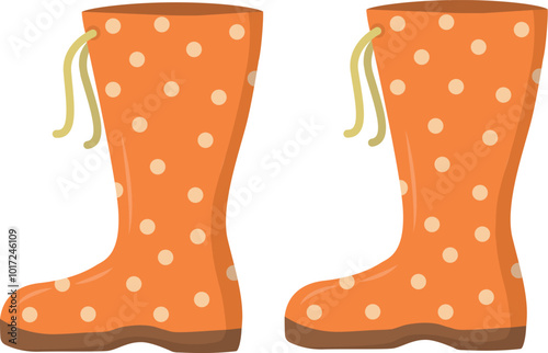 Orange rubber boots with polka dots, vector 