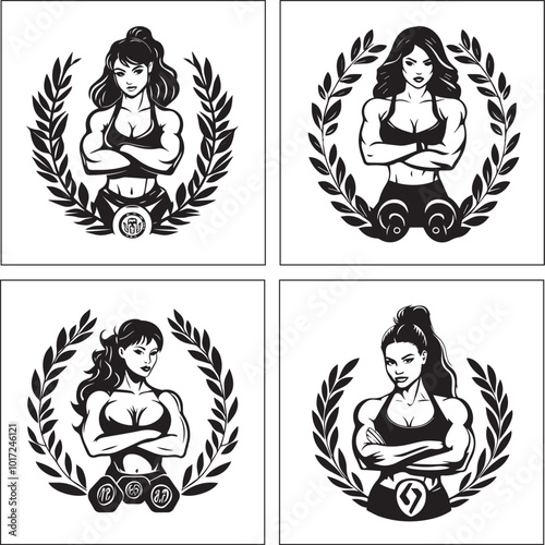 A black and white girl gym logotype silhouette design