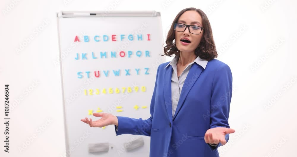 Woman teacher smiles and bows showing gratitude for attention. English pedagogue with joyful expression expresses gratitude for attentive listening Woman teacher smiles and bows showing gratitude for attention. English pedagogue with joyful expression expresses gratitude for attentive listening