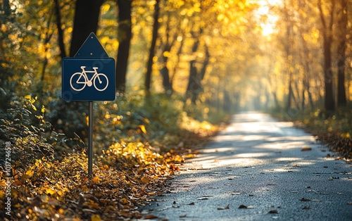 Scenic bike path sign along a treelined route, illustrating the focus on safe cycling and nature, detailed and realistic image photo