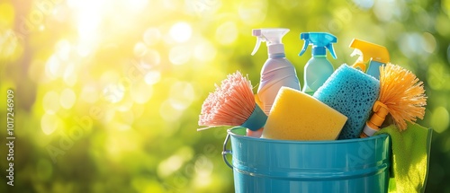 Closeup of a bucket filled with cleaning supplies like spray bottles and sponges, set against a sunny, green environment, highquality and vivid photo