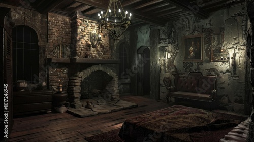 A rustic room with a brick fireplace, wooden floor and ceiling, vintage chandelier, rich tapestry, and paintings exuding a medieval ambiance and warmth.