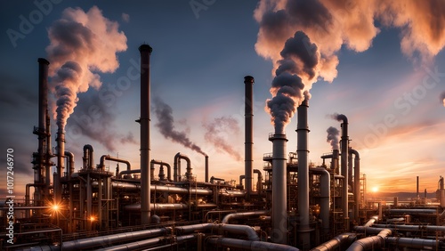 An industrial complex with tall chimneys emitting plumes of smoke against a dramatic sunset sky.