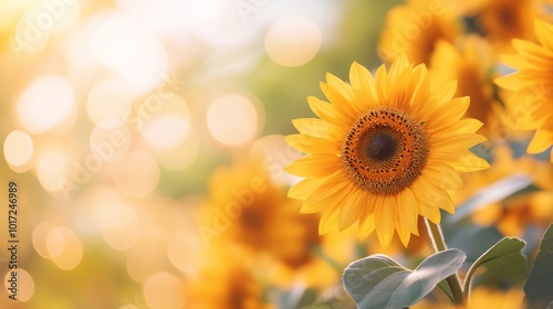 Bright sunflower field in full bloom during sunny afternoon, showcasing vibrant yellow flowers and soft bokeh effect in the background.