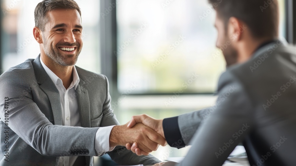 Two businessmen shaking hands in an office, both smiling and looking friendly at each other. The man on the left is wearing a grey suit with a white shirt underneath Two businessmen shaking hands in an office, both smiling and looking friendly at each other. The man on the left is wearing a grey suit with a white shirt underneath