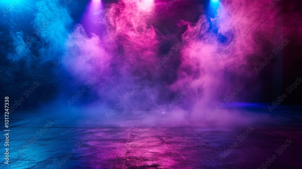 A mystical scene with colorful fog illuminated by three vivid spotlights, creating an atmosphere of intrigue and mystery on an empty stage with a reflective floor. A mystical scene with colorful fog illuminated by three vivid spotlights, creating an atmosphere of intrigue and mystery on an empty stage with a reflective floor.