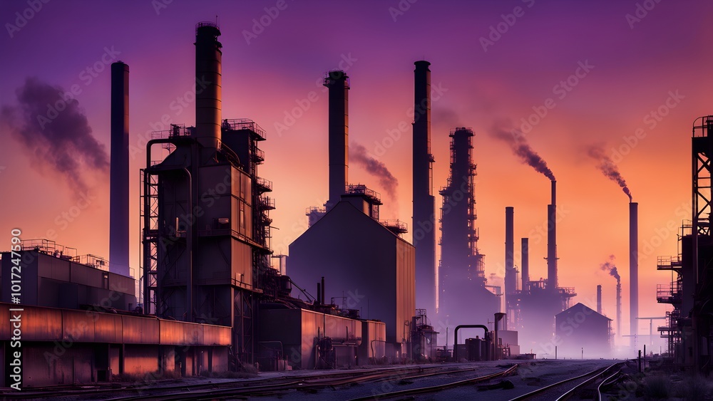 A silhouette of an industrial plant with tall smokestacks emitting smoke against a vibrant sunset sky.