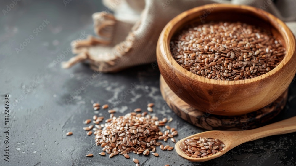 A wooden bowl filled with flaxseeds on a textured dark surface, with a few seeds scattered alongside a wooden spoon, creating a rustic, natural ambiance. A wooden bowl filled with flaxseeds on a textured dark surface, with a few seeds scattered alongside a wooden spoon, creating a rustic, natural ambiance.