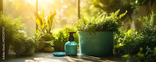 Ecofriendly cleaning products displayed in a bucket surrounded by lush plants, highlighting biodegradable and sustainable cleaning solutions, highresolution photo