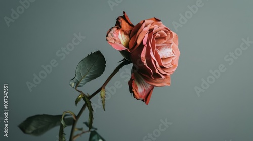 A solitary wilted rose with faded pink petals and dark green leaves, captured in a minimalist artistic style, evokes nostalgia and a timeless elegance.