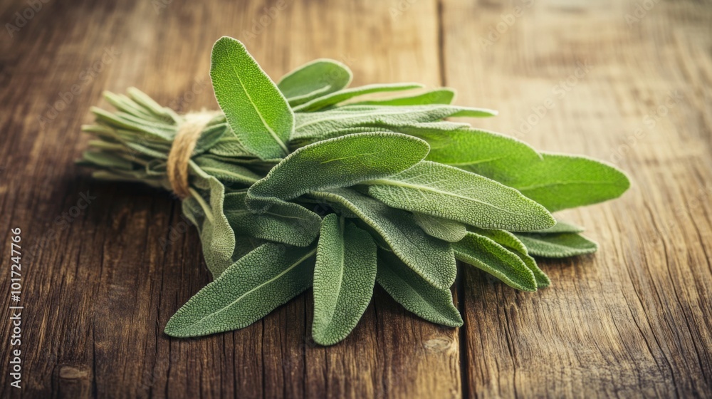 A bundle of fresh sage leaves tied together, resting on a rustic wooden table. The vibrant green color of the sage contrasts with the rich texture of the wood. A bundle of fresh sage leaves tied together, resting on a rustic wooden table. The vibrant green color of the sage contrasts with the rich texture of the wood.