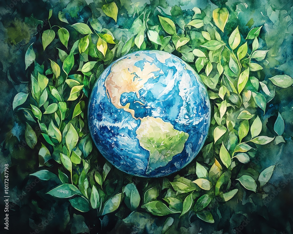 Highquality watercolor painting of Earth enveloped by verdant green leaves, symbolizing ecological balance and natural beauty Highquality watercolor painting of Earth enveloped by verdant green leaves, symbolizing ecological balance and natural beauty