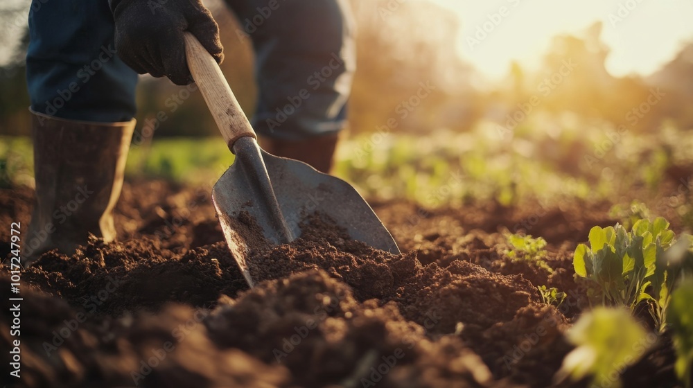 Fototapeta premium A person using a shovel to dig soil in a garden at sunset, illustrating the themes of farming, hard work, and nature, with sunlight casting warm tones on the scene.