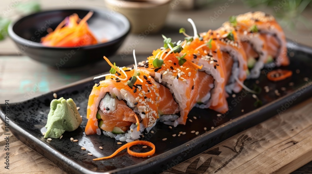 Sushi Rolls with Salmon and Ginger Wasabi Garnish Sushi Rolls with Salmon and Ginger Wasabi Garnish