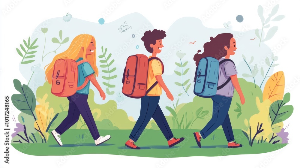 Fototapeta premium Three smiling students carrying backpacks walk along a scenic path surrounded by lush greenery, symbolizing adventure and the joy of learning and exploration.
