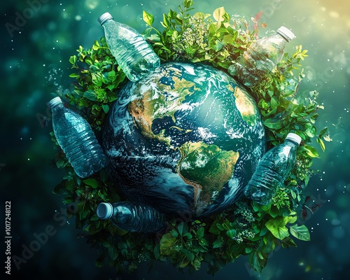 Illustration of Earth, plastic bottles, and plants in a recycling theme, highlighting environmental conservation efforts, highresolution and realistic photo