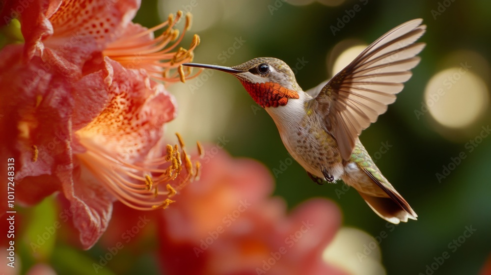 Fototapeta premium A vivid scene of a hummingbird delicately hovering while feeding on bright orange flowers, showcasing nature’s beauty and elegance amidst a lush green background.