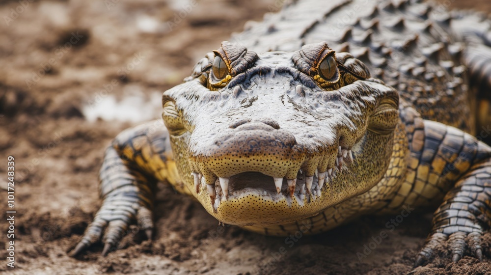 Fototapeta premium A detailed close-up of a crocodile showcasing its sharp teeth and rugged skin texture, representing strength and survival in its natural, earthy environment.