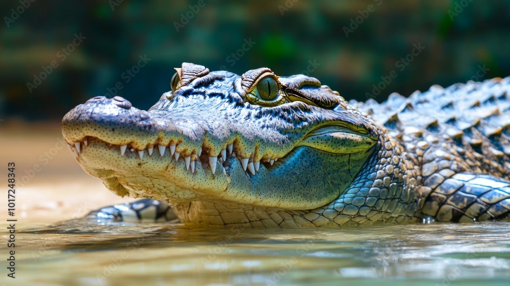 Fototapeta premium A crocodile emerges from the water with its toothy grin and piercing eyes, representing power and survival instincts in its natural habitat.